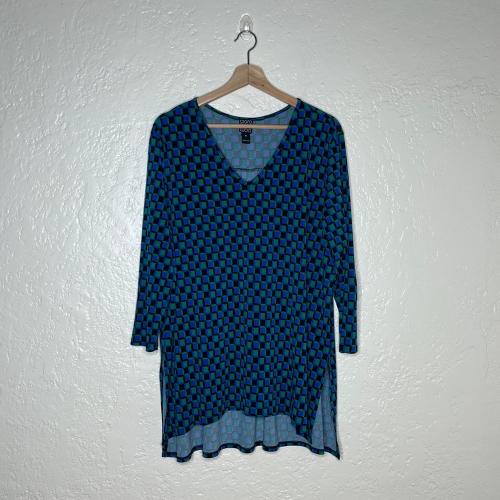 Clara Sunwoo Geometric Checkered V-Neck Tunic Top Blue Green XL Made in USA